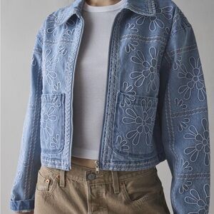 Urban Outfitters Light Blue Floral Embroidered Denim Jacket
